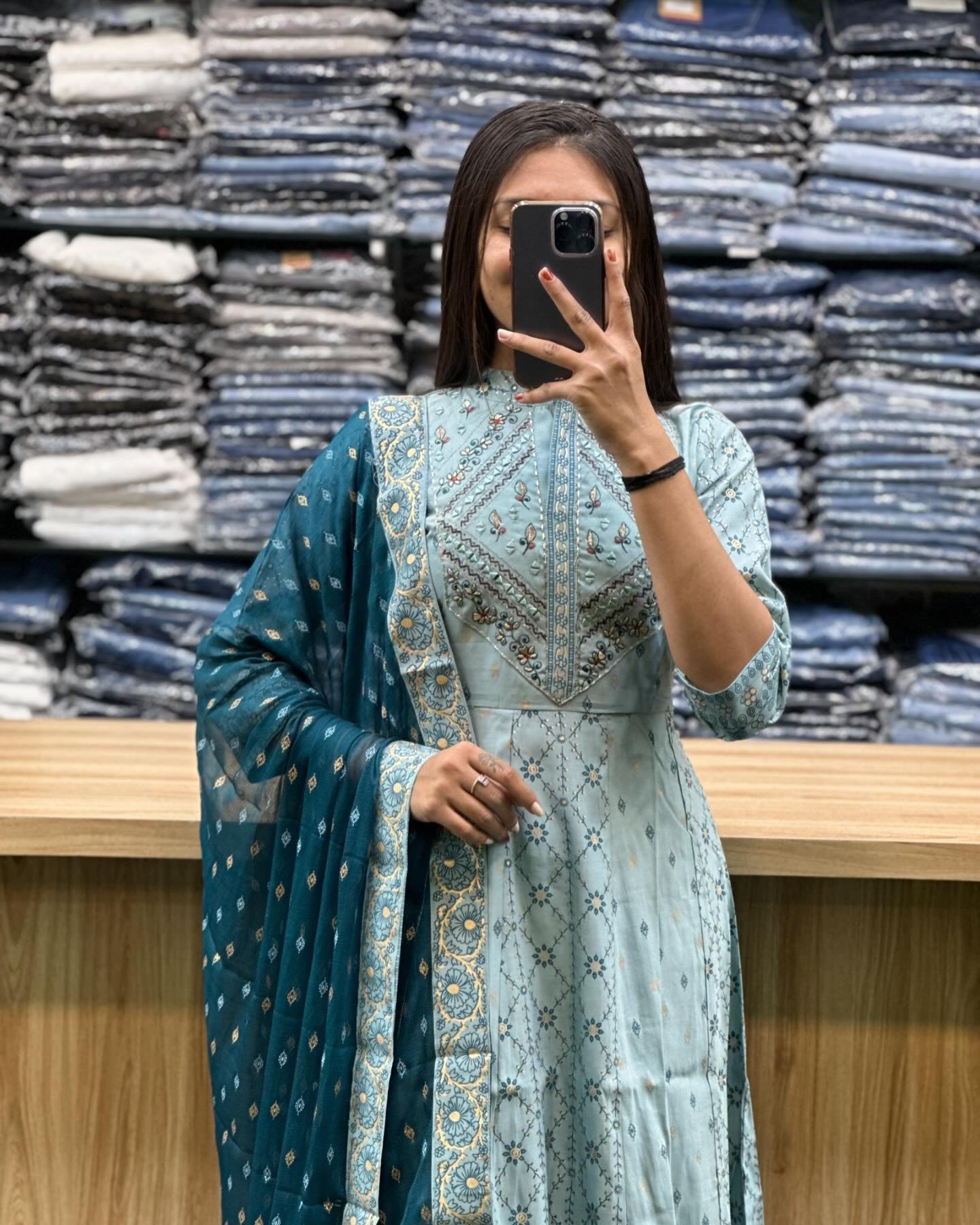 Pastel Blue Sequin Zari Embroidered Anarkali Set - Image 3